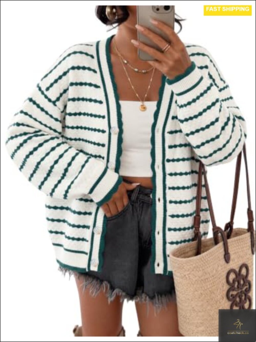 Striped V-Neck Button Cardigan, Knit Sweater, Long Sleeve, Oversized Fit